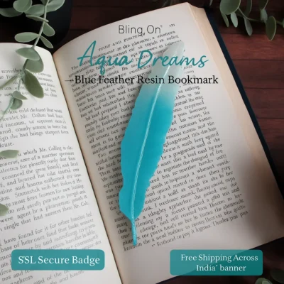 Bling On® Aqua Dreams – Blue Feather Resin Bookmark 📘🪶