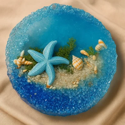 Resin Ocean Series Art Geode Coaster with Cover – 3D Effects with Dolphin, Starfish, Real Seashells and Sand