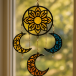 Decorative stained-glass sun-and-moon hanging ornament suspended by chains in front of a window, with amber and blue panes catching the light. - Bling On Decor® | Luxury Handmade Home Decor ANJU BALA
