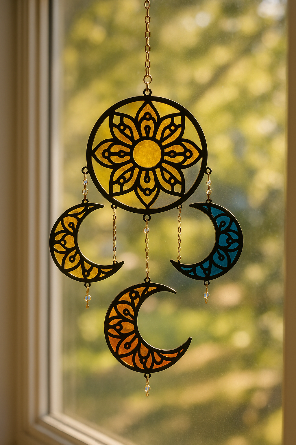Decorative stained-glass sun-and-moon hanging ornament suspended by chains in front of a window, with amber and blue panes catching the light. - Bling On Decor® | Luxury Handmade Home Decor ANJU BALA