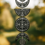 Decorative black metal wind chime with intricate white filigree patterns, hanging outdoors with a crystal bead at the bottom. - Bling On Decor® | Luxury Handmade Home Decor ANJU BALA