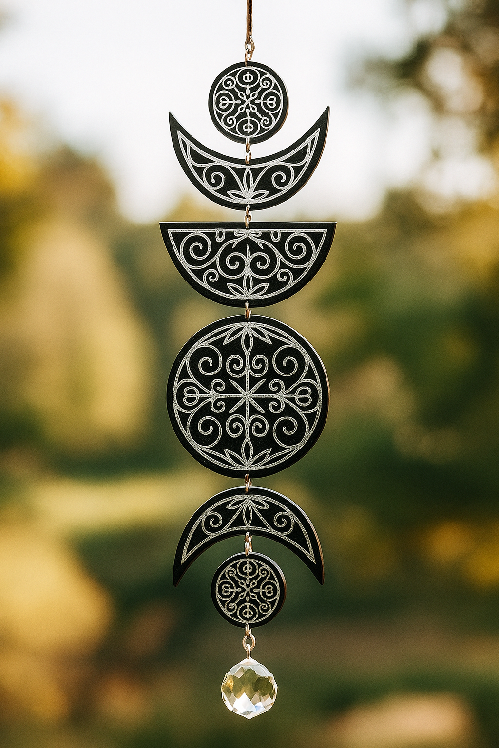 Decorative black metal wind chime with intricate white filigree patterns, hanging outdoors with a crystal bead at the bottom. - Bling On Decor® | Luxury Handmade Home Decor ANJU BALA