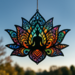 Hanging stained-glass lotus-shaped sun catcher with a central meditating silhouette and rainbow colors against a blue sky. - Bling On Decor® | Luxury Handmade Home Decor ANJU BALA