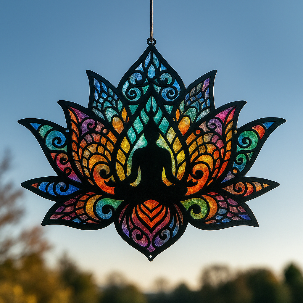 Hanging stained-glass lotus-shaped sun catcher with a central meditating silhouette and rainbow colors against a blue sky. - Bling On Decor® | Luxury Handmade Home Decor ANJU BALA