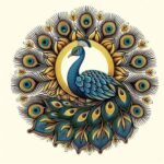 Colorful peacock with a circular fan of blue and gold tail feathers forming a mandala-like pattern around a sunlit, gold-ringed center. - Bling On Decor® | Luxury Handmade Home Decor ANJU BALA