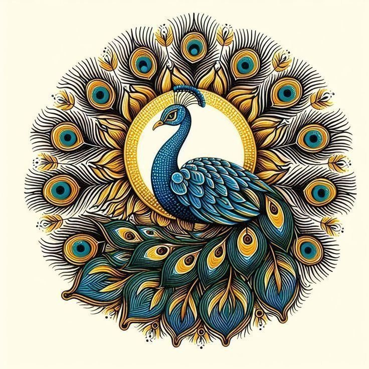 Colorful peacock with a circular fan of blue and gold tail feathers forming a mandala-like pattern around a sunlit, gold-ringed center. - Bling On Decor® | Luxury Handmade Home Decor ANJU BALA