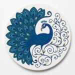 Round decorative plate featuring a blue peacock with a fanned tail and gold-accented swirls against a white background. - Bling On Decor® | Luxury Handmade Home Decor ANJU BALA