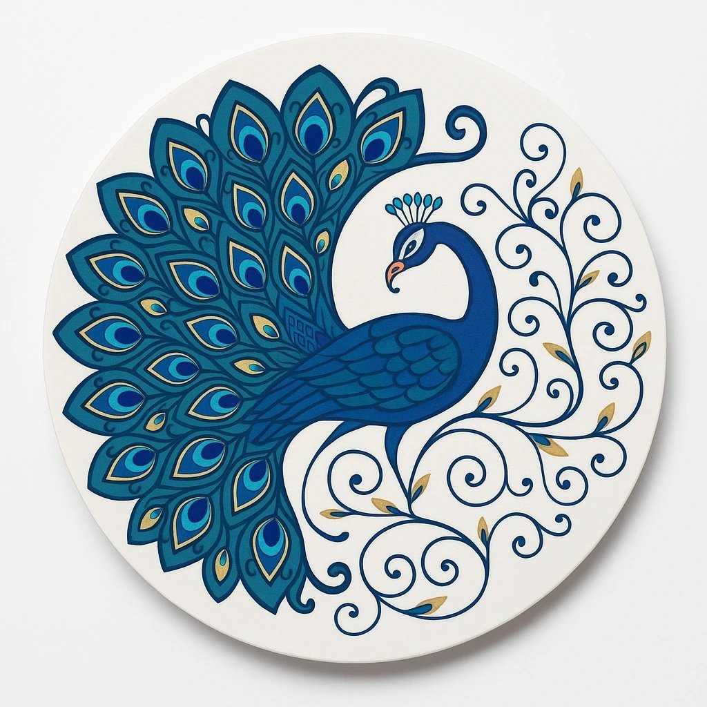 Round decorative plate featuring a blue peacock with a fanned tail and gold-accented swirls against a white background. - Bling On Decor® | Luxury Handmade Home Decor ANJU BALA