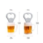 Two beer mugs with heart-shaped metal bottle openers on top, with size and weight labels: left 4 cm wide, 8.7 cm tall (49.5 g); right 4.2 cm wide, 8.7 cm tall (60.5 g). - Bling On Decor® | Luxury Handmade Home Decor ANJU BALA