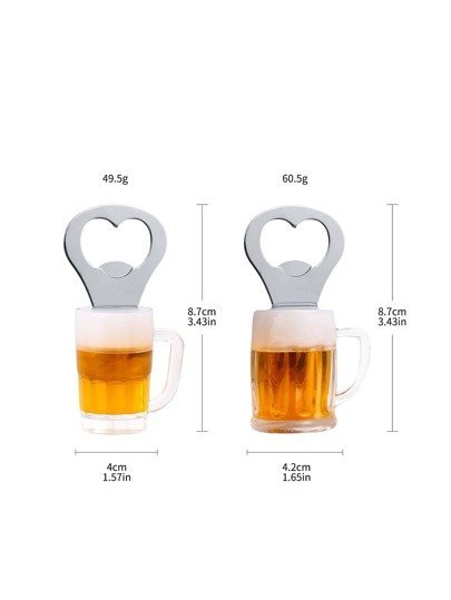 Two beer mugs with heart-shaped metal bottle openers on top, with size and weight labels: left 4 cm wide, 8.7 cm tall (49.5 g); right 4.2 cm wide, 8.7 cm tall (60.5 g). - Bling On Decor® | Luxury Handmade Home Decor ANJU BALA
