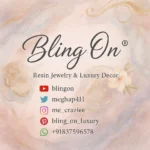 Brand banner for Bling On with pastel marble background and social handles for YouTube, Twitter, Instagram, Pinterest, and a WhatsApp number. - Bling On Decor® | Luxury Handmade Home Decor ANJU BALA