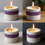 Candle with a textured purple pebble band around a light gray concrete base, lit flame rising from the center - Bling On Decor® | Luxury Handmade Home Decor ANJU BALA