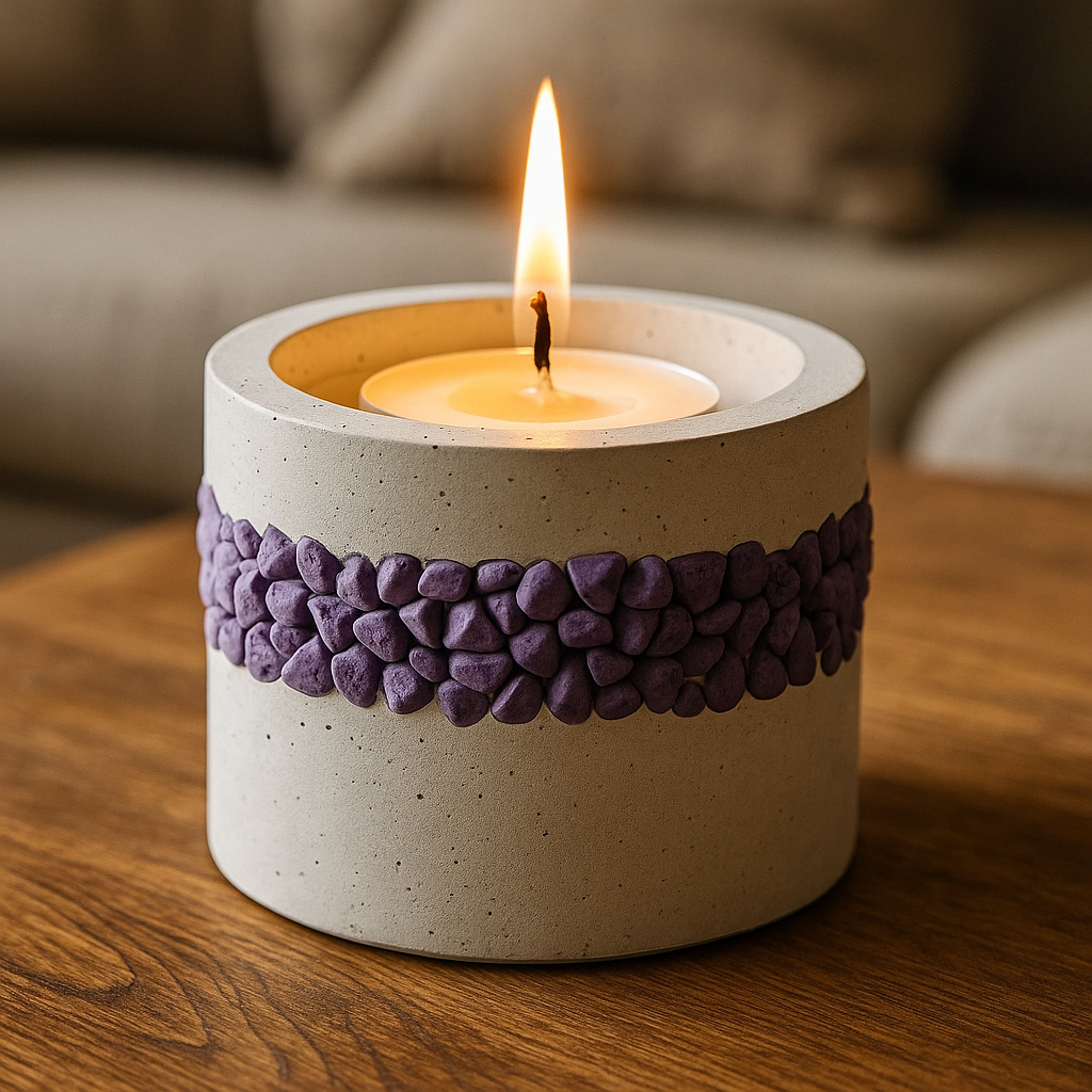 Decorative cylindrical candle with a band of purple pebble-like beads around its middle, lit with a small flame on a wooden table. - Bling On Decor® | Luxury Handmade Home Decor ANJU BALA