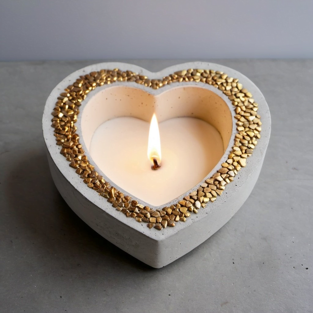 Heart-shaped concrete candle holder with a lit white candle and gold beads around the rim, resting on a gray surface, conveying a romantic/cozy mood. - Bling On Decor® | Luxury Handmade Home Decor ANJU BALA