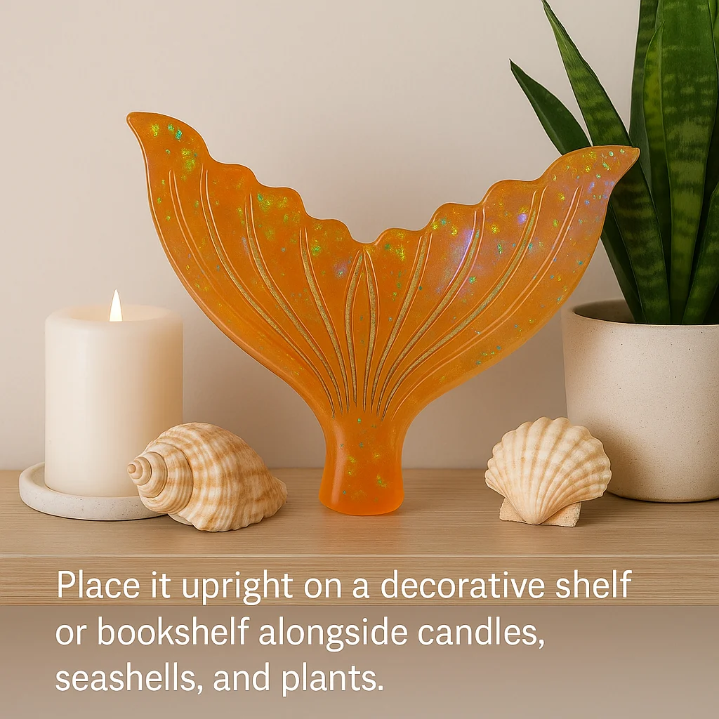 Orange shell-shaped decorative sculpture on a shelf beside a lit candle, two seashells, and a potted plant, suggesting how to display decor. - Bling On Decor® | Luxury Handmade Home Decor ANJU BALA