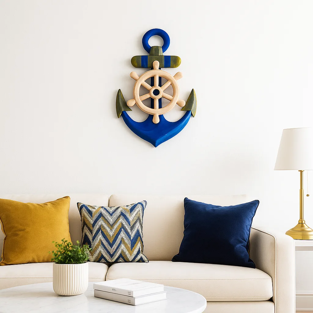 Nautical wall art featuring a blue anchor with a wooden ship wheel above a beige sofa, flanked by mustard and blue cushions. - Bling On Decor® | Luxury Handmade Home Decor ANJU BALA