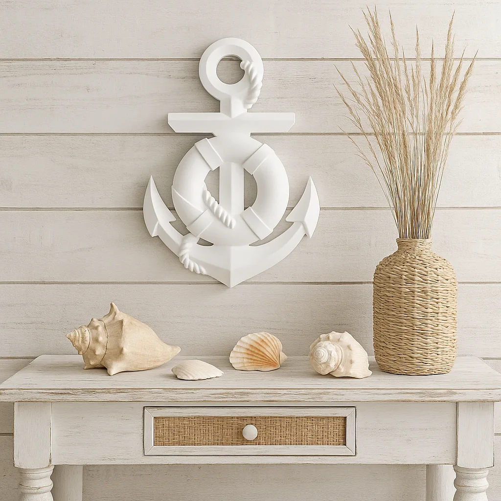 Coastal still life: a large white anchor wall decor above a white wooden table with seashells and a woven vase of dried grasses. - Bling On Decor® | Luxury Handmade Home Decor ANJU BALA