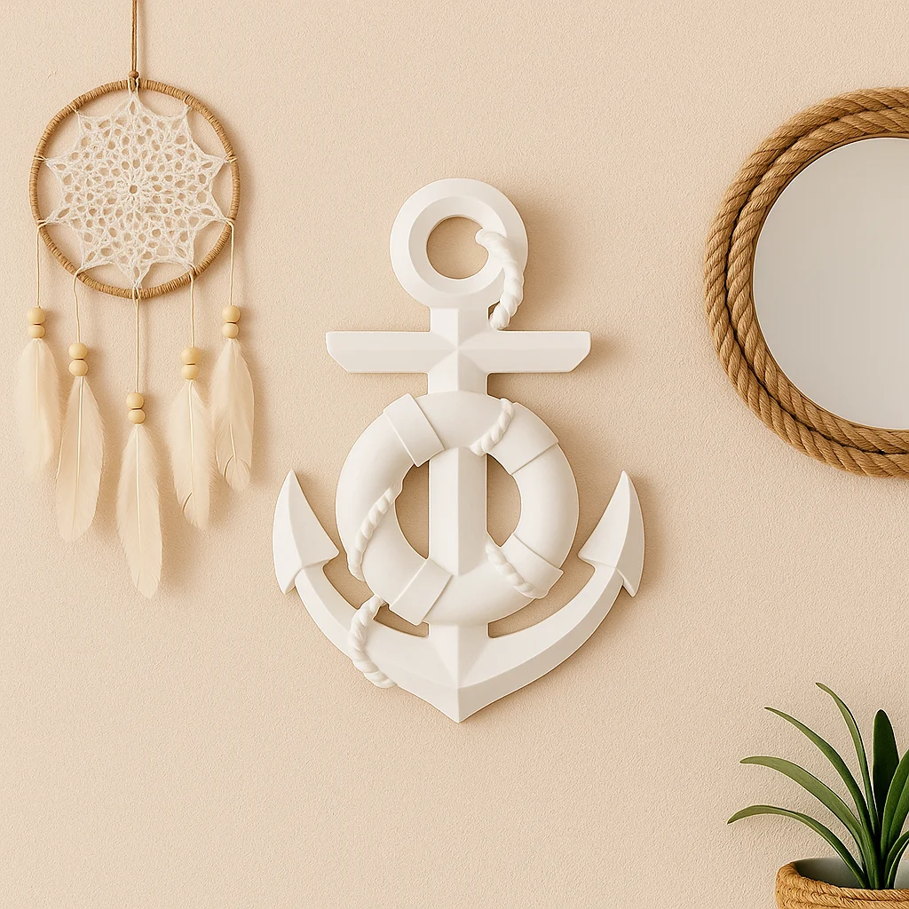 Nautical wall decor: a white anchor sculpture centered between a dreamcatcher on the left and a rope-framed round mirror on the right, with a potted plant in the bottom corner against a beige wall. - Bling On Decor® | Luxury Handmade Home Decor ANJU BALA