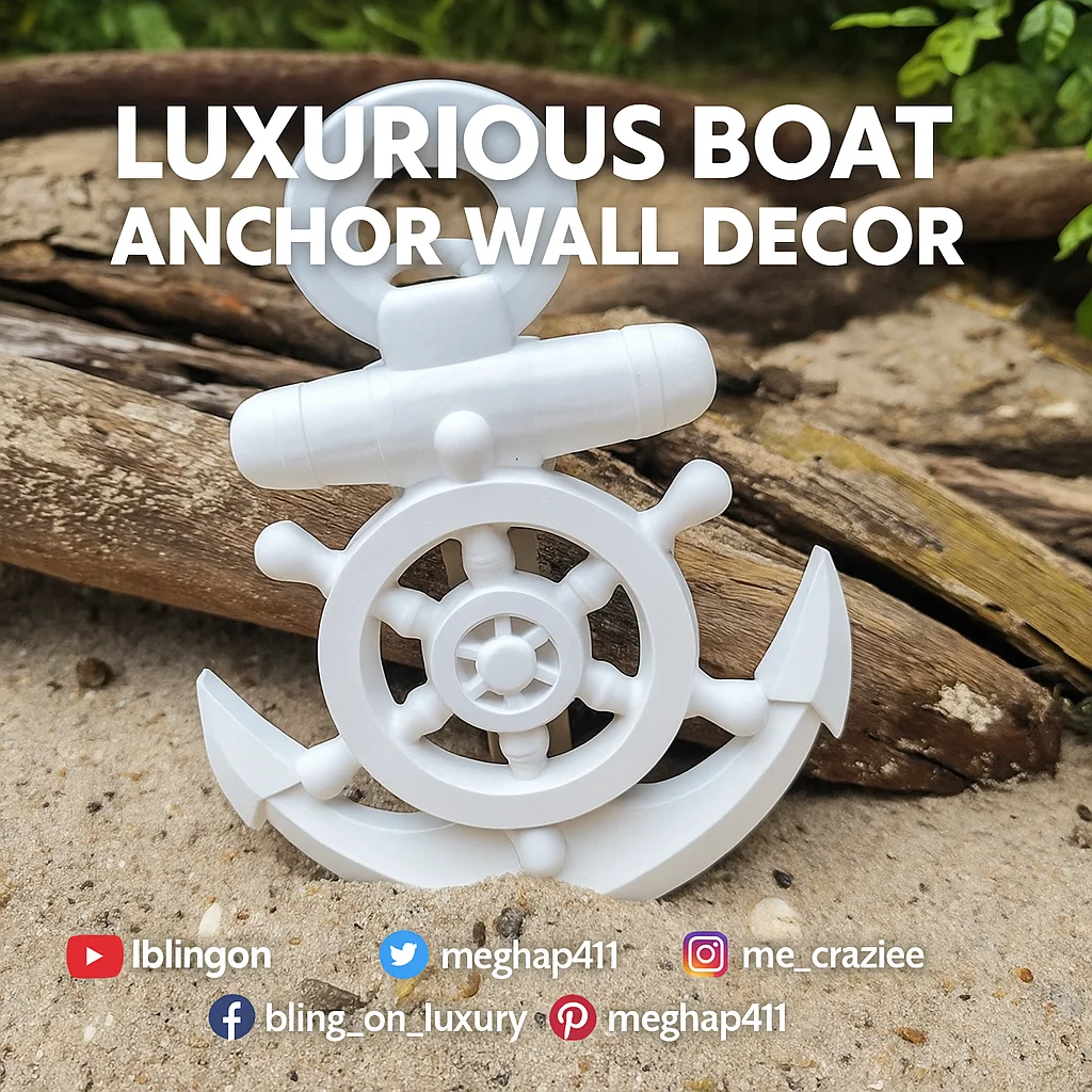White plastic ship-wheel anchor wall decor displayed on sandy ground with driftwood; overlay text reads 'Luxurious Boat Anchor Wall Decor'. - Bling On Decor® | Luxury Handmade Home Decor ANJU BALA