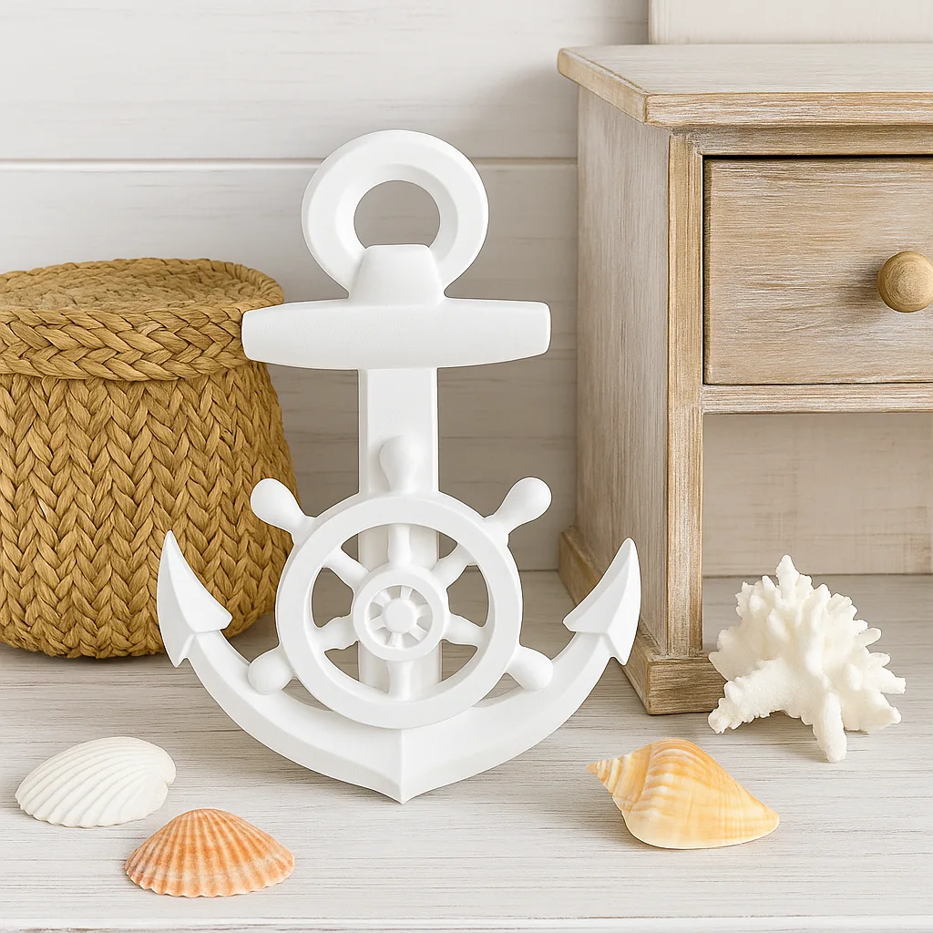 White nautical anchor decoration featuring a wheel in the center, placed with seashells near a wicker basket and light wooden table. - Bling On Decor® | Luxury Handmade Home Decor ANJU BALA