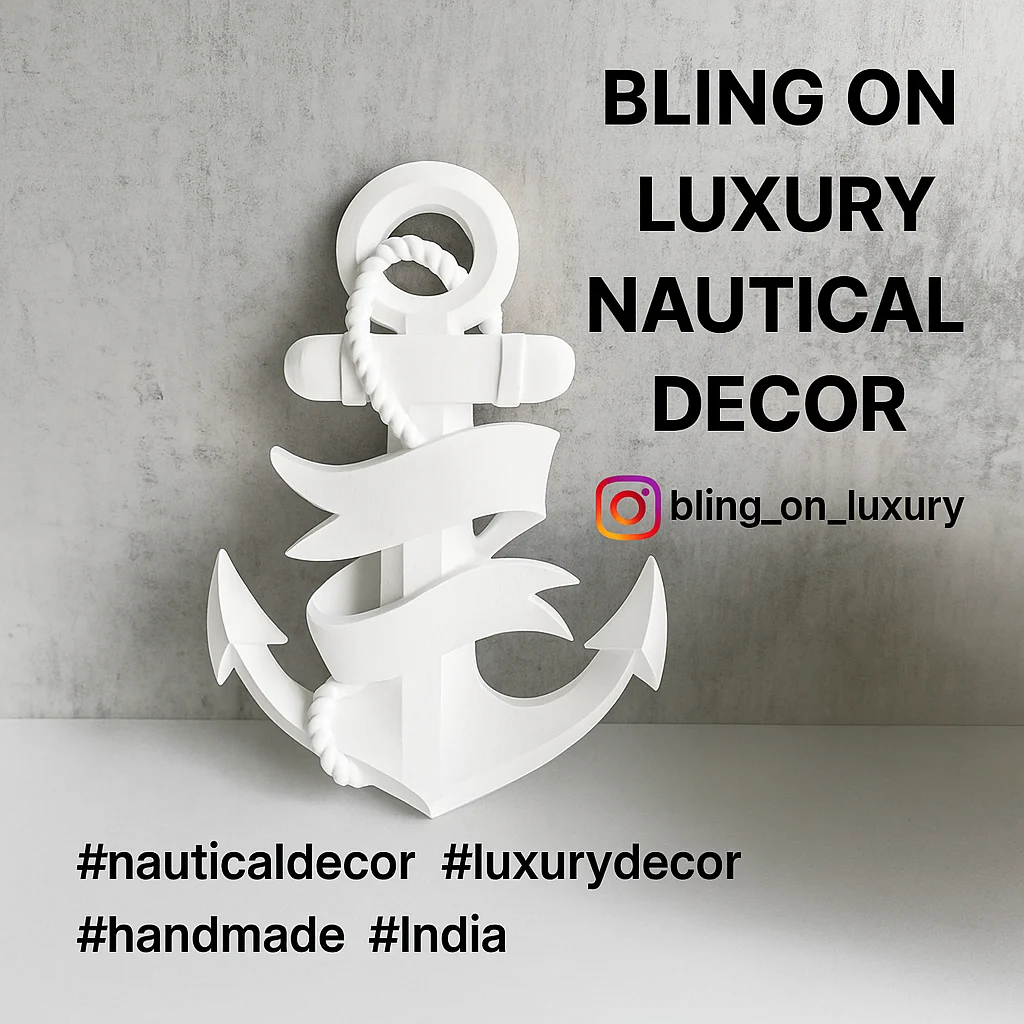 White decorative white anchor with rope on gray background; ad for Bling On Luxury nautical decor with Instagram handle bling_on_luxury. - Bling On Decor® | Luxury Handmade Home Decor ANJU BALA