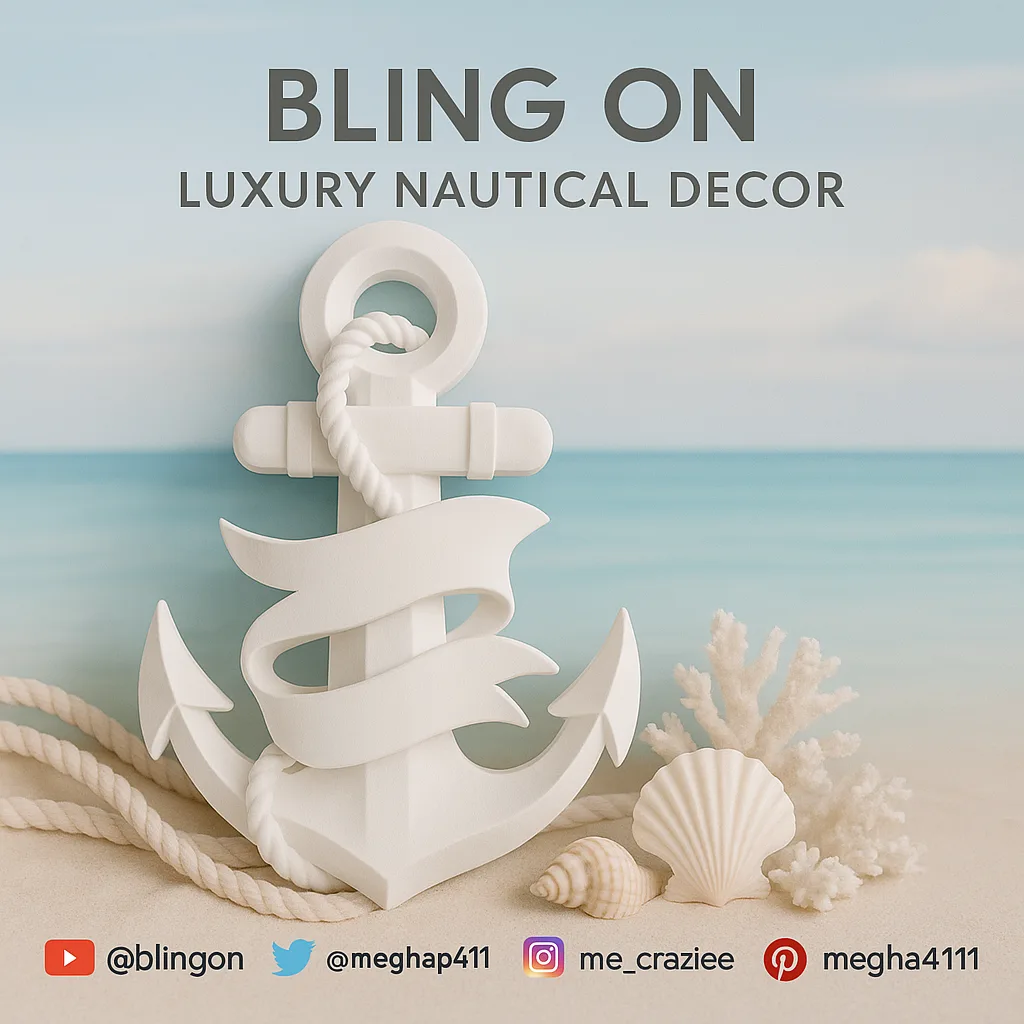 Brand hero: white anchor decor with rope on sand, seashells, and an ocean backdrop with the text 'BLING ON LUXURY NAUTICAL DECOR' overlayed. - Bling On Decor® | Luxury Handmade Home Decor ANJU BALA