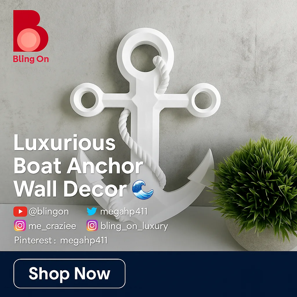 White boat anchor wall decor with rope, brand logo in top-left, social media handles, and a prominent 'Shop Now' CTA at bottom. - Bling On Decor® | Luxury Handmade Home Decor ANJU BALA