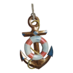 Decorative pendant showing a rusted bronze anchor entwined with a pastel lifebuoy and rope, hanging from a string. - Bling On Decor® | Luxury Handmade Home Decor ANJU BALA