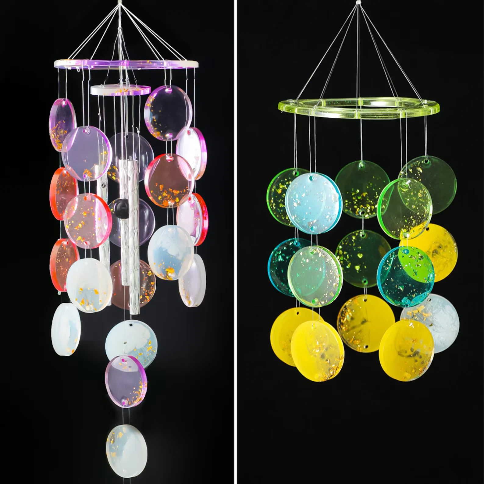 Two vertical hanging mobiles with multiple translucent discs on strings, left in pink/purple hues with gold flakes, right in lime/green tones with blue and yellow discs against black background. - Bling On Decor® | Luxury Handmade Home Decor ANJU BALA