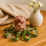 Glass octopus paperweight with green tentacles sits on a wooden desk, beige knit blanket in the background and a vase of cream flowers nearby - Bling On Decor® | Luxury Handmade Home Decor ANJU BALA