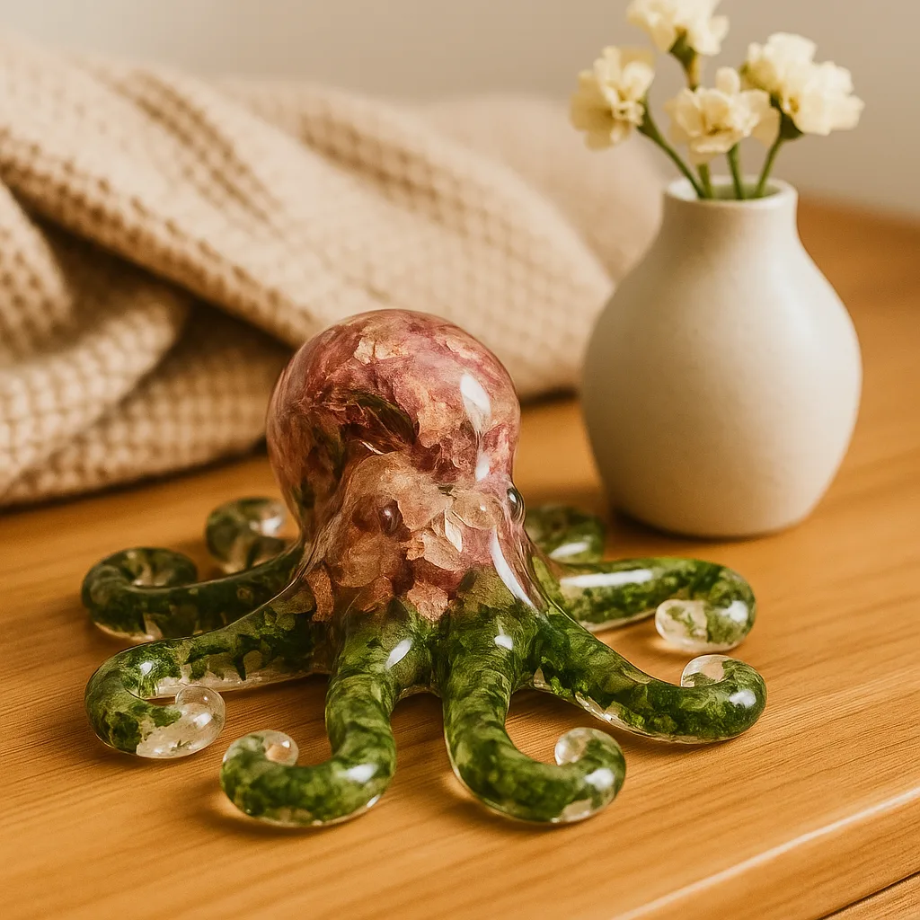 Glass octopus paperweight with green tentacles sits on a wooden desk, beige knit blanket in the background and a vase of cream flowers nearby - Bling On Decor® | Luxury Handmade Home Decor ANJU BALA