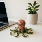 Glass octopus sculpture with pink head and green tentacles on a white desk beside a laptop and a potted plant. - Bling On Decor® | Luxury Handmade Home Decor ANJU BALA