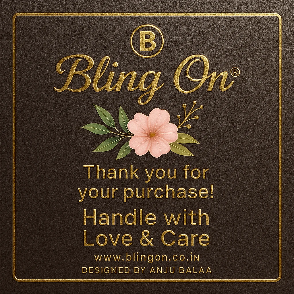 Gold-embossed card with 'Bling On' logo, a pink flower, and the message 'Thank you for your purchase! Handle with Love & Care' on a brown textured background. - Bling On Decor® | Luxury Handmade Home Decor ANJU BALA