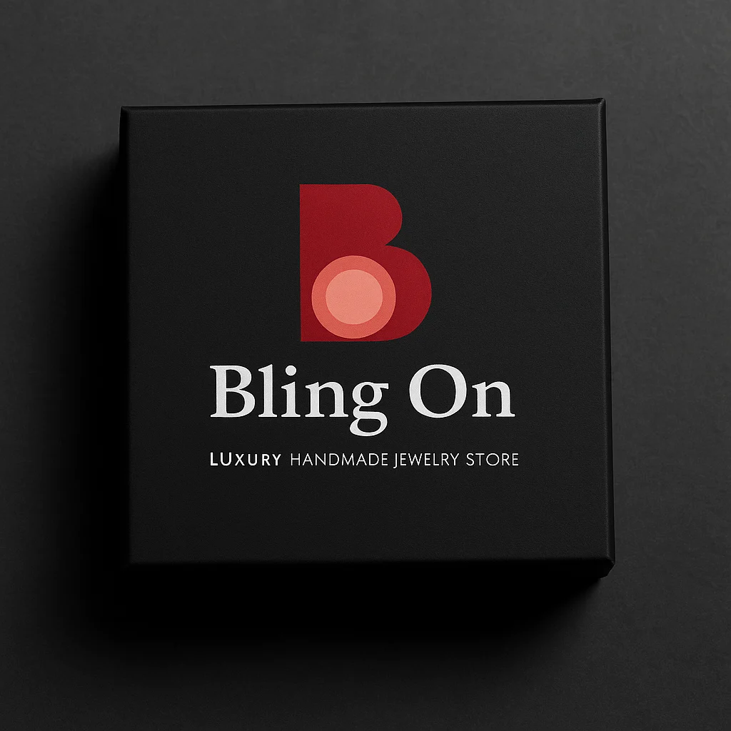 Black packaging box displaying the Bling On logo—a red stylized 'B' with the words 'Bling On' and 'LUXURY HANDMADE JEWELRY STORE' on a dark background. - Bling On Decor® | Luxury Handmade Home Decor ANJU BALA