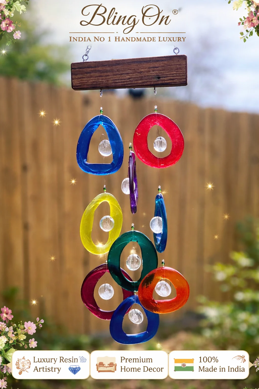 Colorful glass ring wind chime hanging from a wooden top outdoors; decorative luxury wind chime artwork - Bling On Decor® | Luxury Handmade Home Decor ANJU BALA