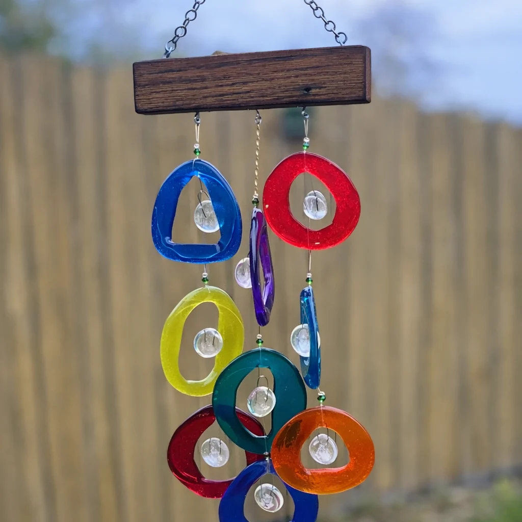 Colorful circular glass wind chime hanging from a wooden bar outdoors with small beads. - Bling On Decor® | Luxury Handmade Home Decor ANJU BALA