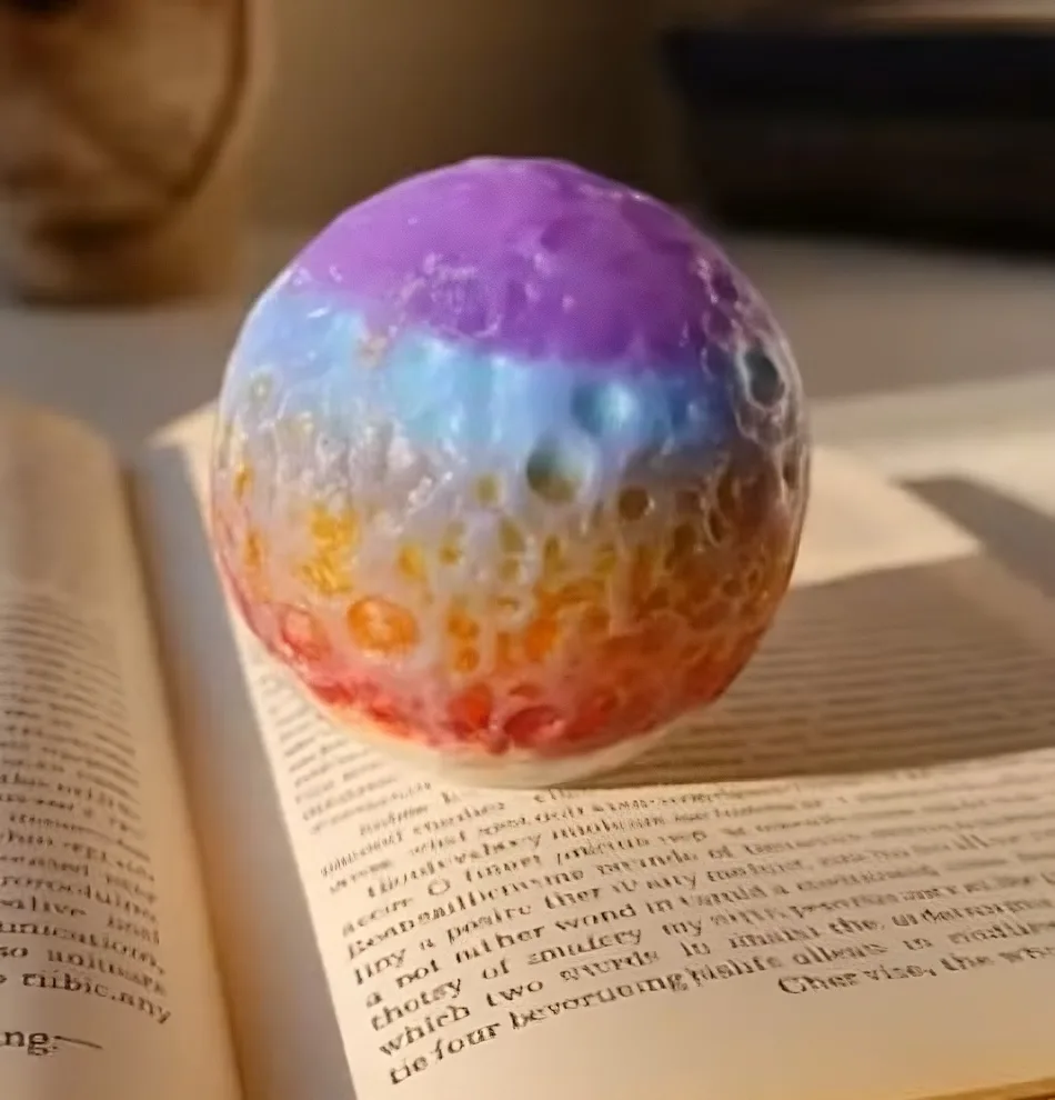 Rainbow-colored spherical object resting on an open book, showing purple, blue, orange to red gradient. - Bling On Decor® | Luxury Handmade Home Decor ANJU BALA