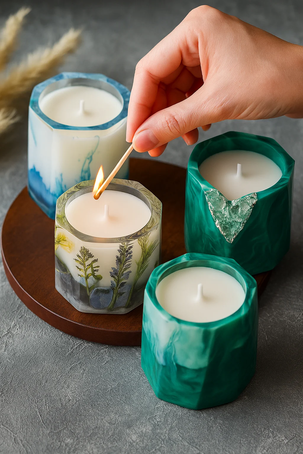 Hand is lighting a decorative botanical candle with a match among blue and green candles on a wooden tray. - Bling On Decor® | Luxury Handmade Home Decor ANJU BALA