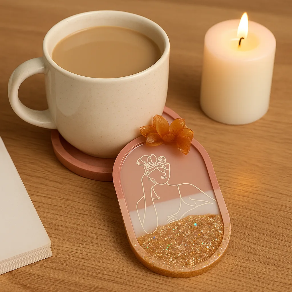 Cream mug of coffee on a wooden table beside a lit pillar candle and a pink decorative card with a line-drawn woman and a glittery gold base - Bling On Decor® | Luxury Handmade Home Decor ANJU BALA