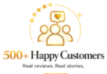 Golden logo with three people icons and a heart in a speech bubble, captioned 'Happy Customers' with 'Real reviews. Real stories.'