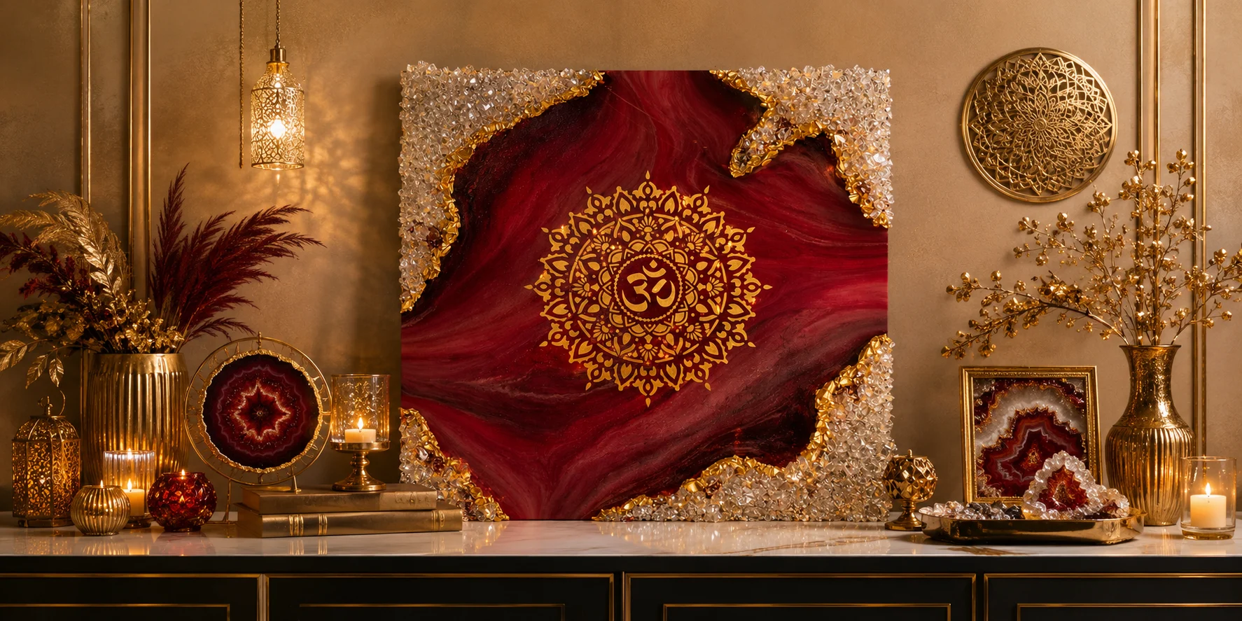 Luxurious mantel display with a large red and gold mandala artwork, crystal border, and warm candlelight.