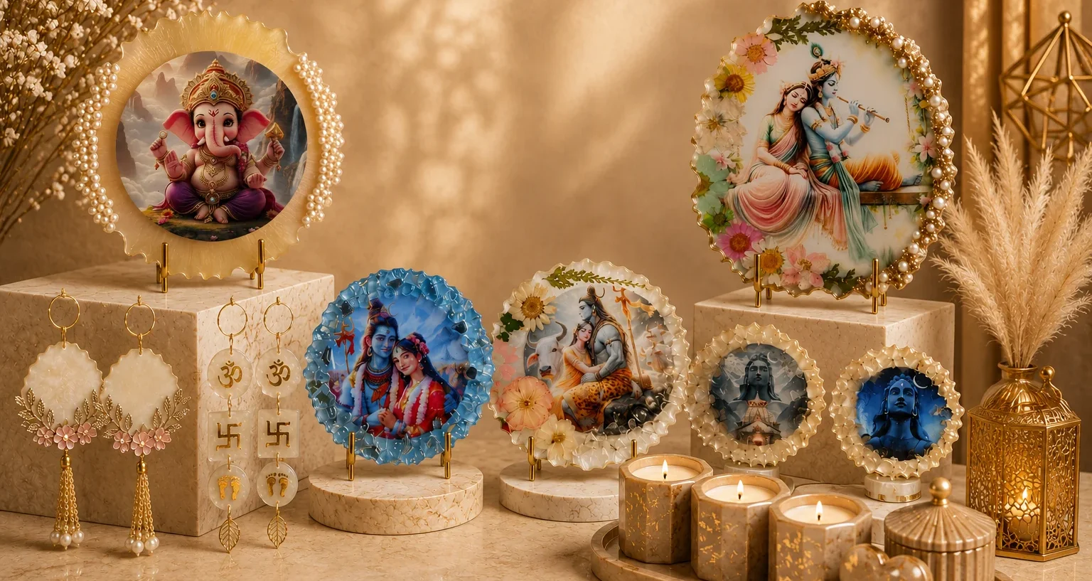Decorative Hindu altar with pearl-edged plates showing Ganesha on the left and Radha-Krishna on the right, arranged on marble stands with candles and gold decor in a warm setting.