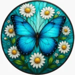 Circular stained-glass artwork of a vivid blue butterfly among white daisies on a teal background - Bling On Decor® | Luxury Handmade Home Decor ANJU BALA