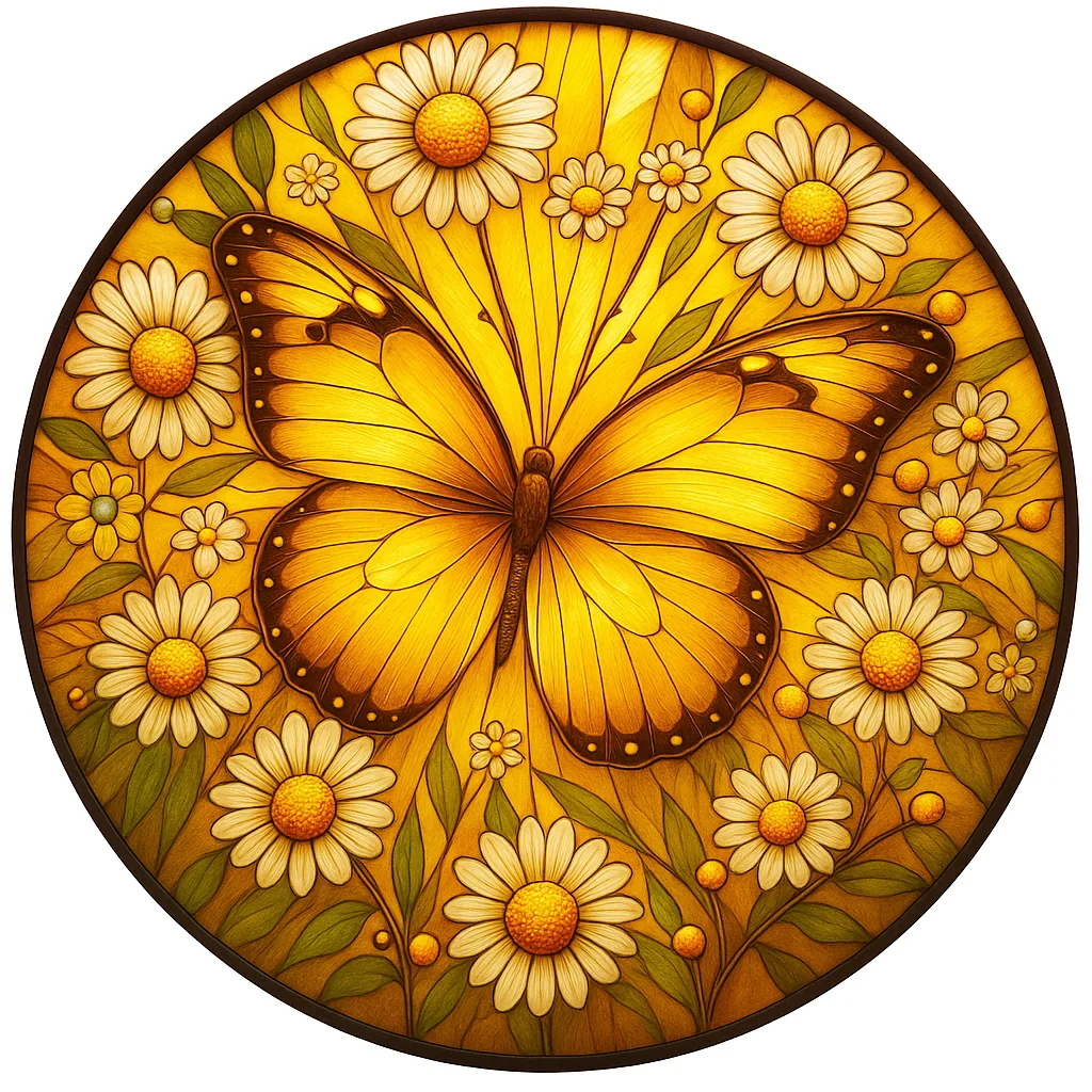 Round stained-glass art: a yellow butterfly among white daisies in warm tones. - Bling On Decor® | Luxury Handmade Home Decor ANJU BALA