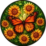 Round stained-glass style artwork of a monarch butterfly among yellow sunflowers and green leaves. - Bling On Decor® | Luxury Handmade Home Decor ANJU BALA
