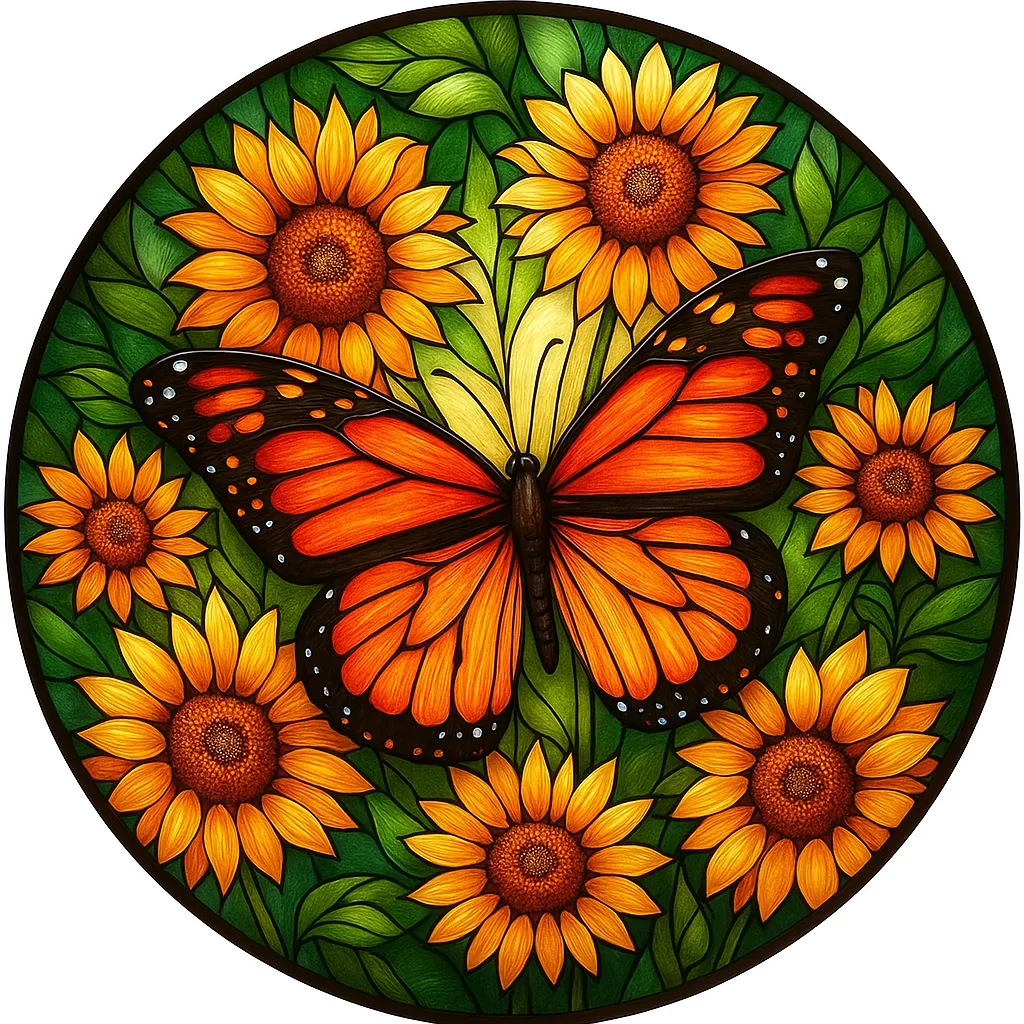 Round stained-glass style artwork of a monarch butterfly among yellow sunflowers and green leaves. - Bling On Decor® | Luxury Handmade Home Decor ANJU BALA