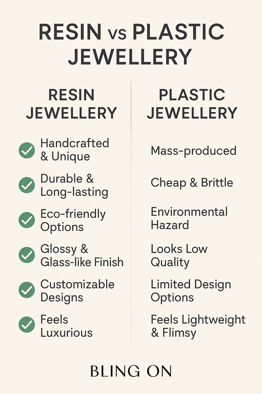 Infographic comparing resin vs plastic jewellery with pros on the left and cons on the right, featuring green check icons. - Bling On Decor® | Luxury Handmade Home Decor ANJU BALA