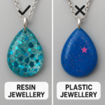 Two teardrop pendants side by side: left turquoise glittery resin pendant, right blue plastic pendant with a pink star and confetti; labels read Resin Jewellery and Plastic Jewellery. - Bling On Decor® | Luxury Handmade Home Decor ANJU BALA