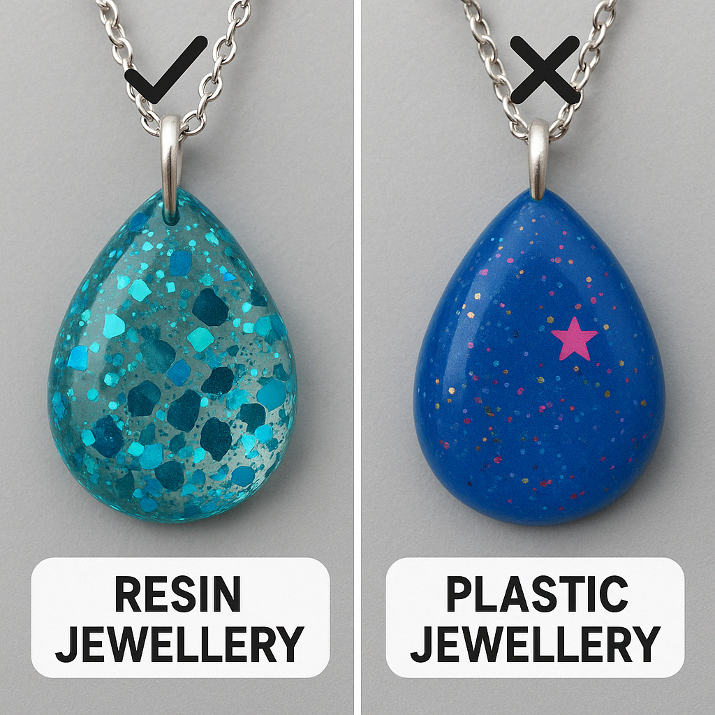 Two teardrop pendants side by side: left turquoise glittery resin pendant, right blue plastic pendant with a pink star and confetti; labels read Resin Jewellery and Plastic Jewellery. - Bling On Decor® | Luxury Handmade Home Decor ANJU BALA