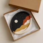 Decorative round plate with abstract wavy color bands in black, tan, orange, white and beige, in a brown gift box with tissue paper. - Bling On Decor® | Luxury Handmade Home Decor ANJU BALA